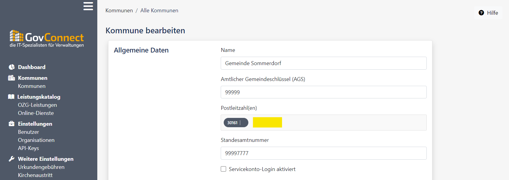 Backend Kommune bearbeiten